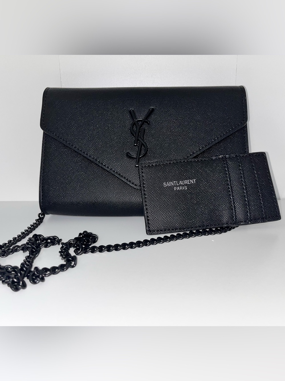 Black Textured Leather Envelope Crossbody with Card Holder
